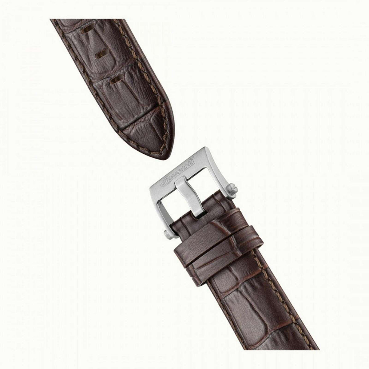 Brown leather strap end with croc texture, silver buckle and strap holes.