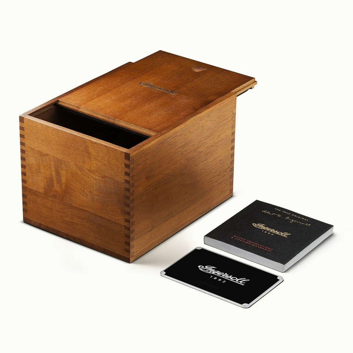 Wooden watch presentation box with lid and two black card inserts