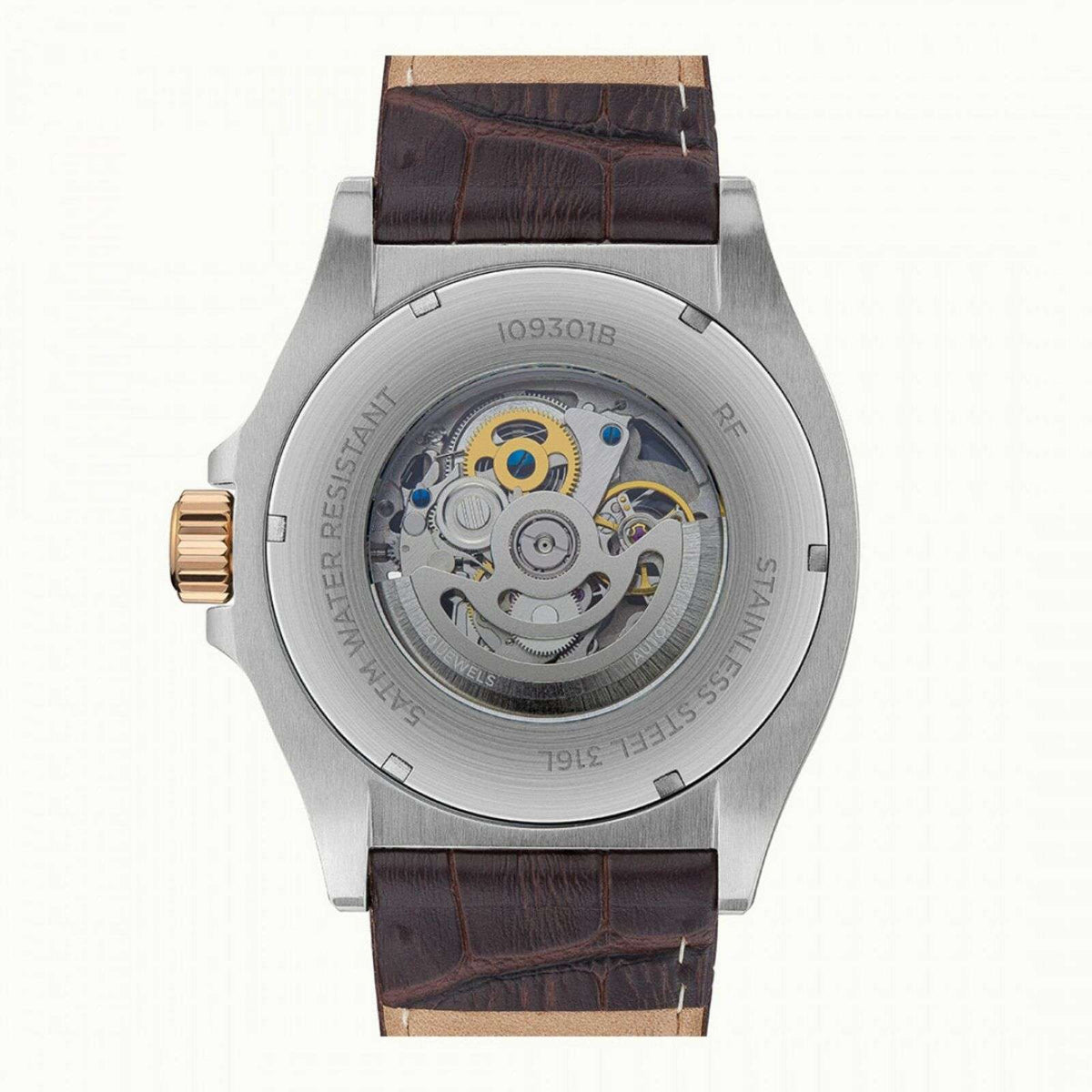 Back view of skeleton watch with brown leather strap and exposed movement