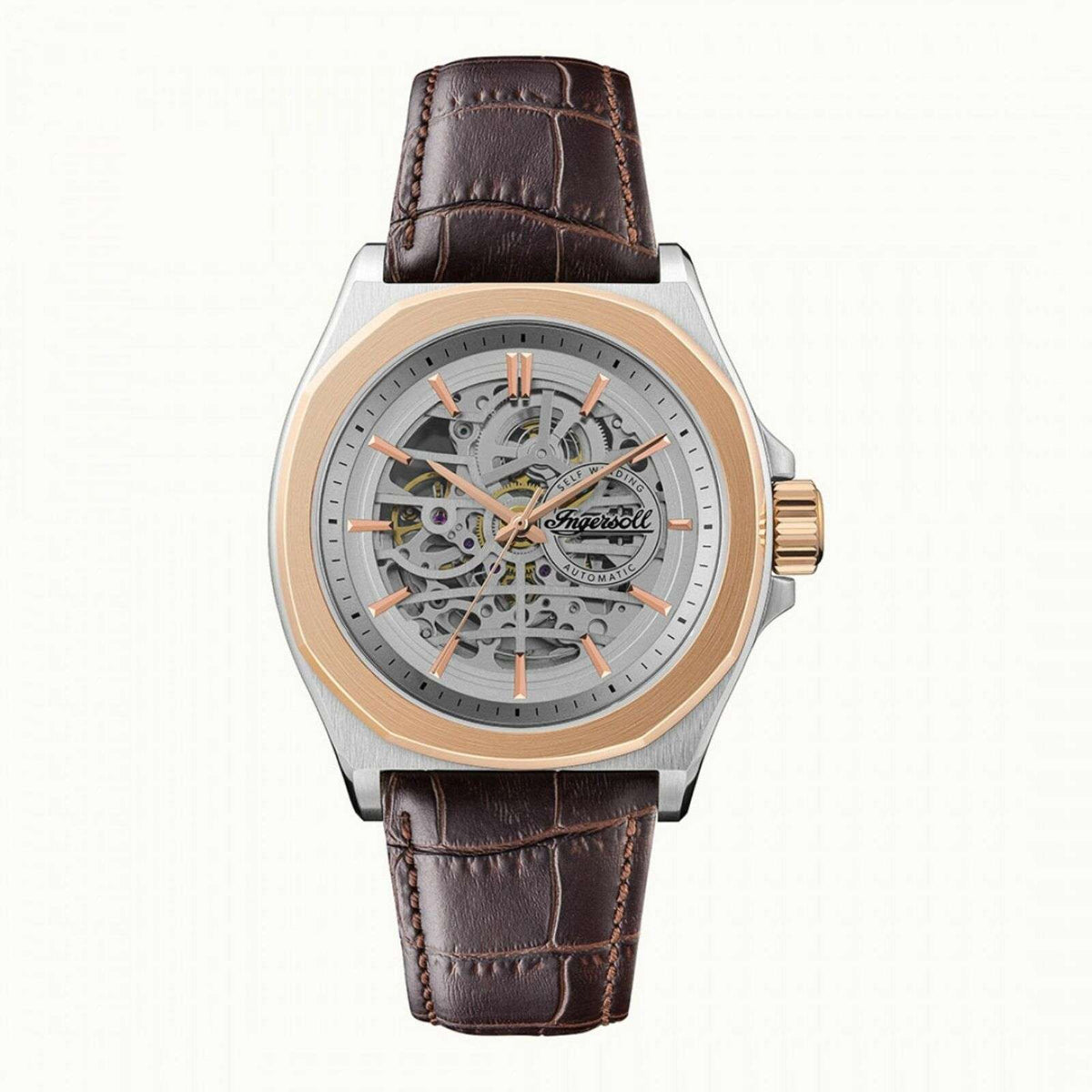 Front view skeleton watch with brown leather strap and silver openwork dial