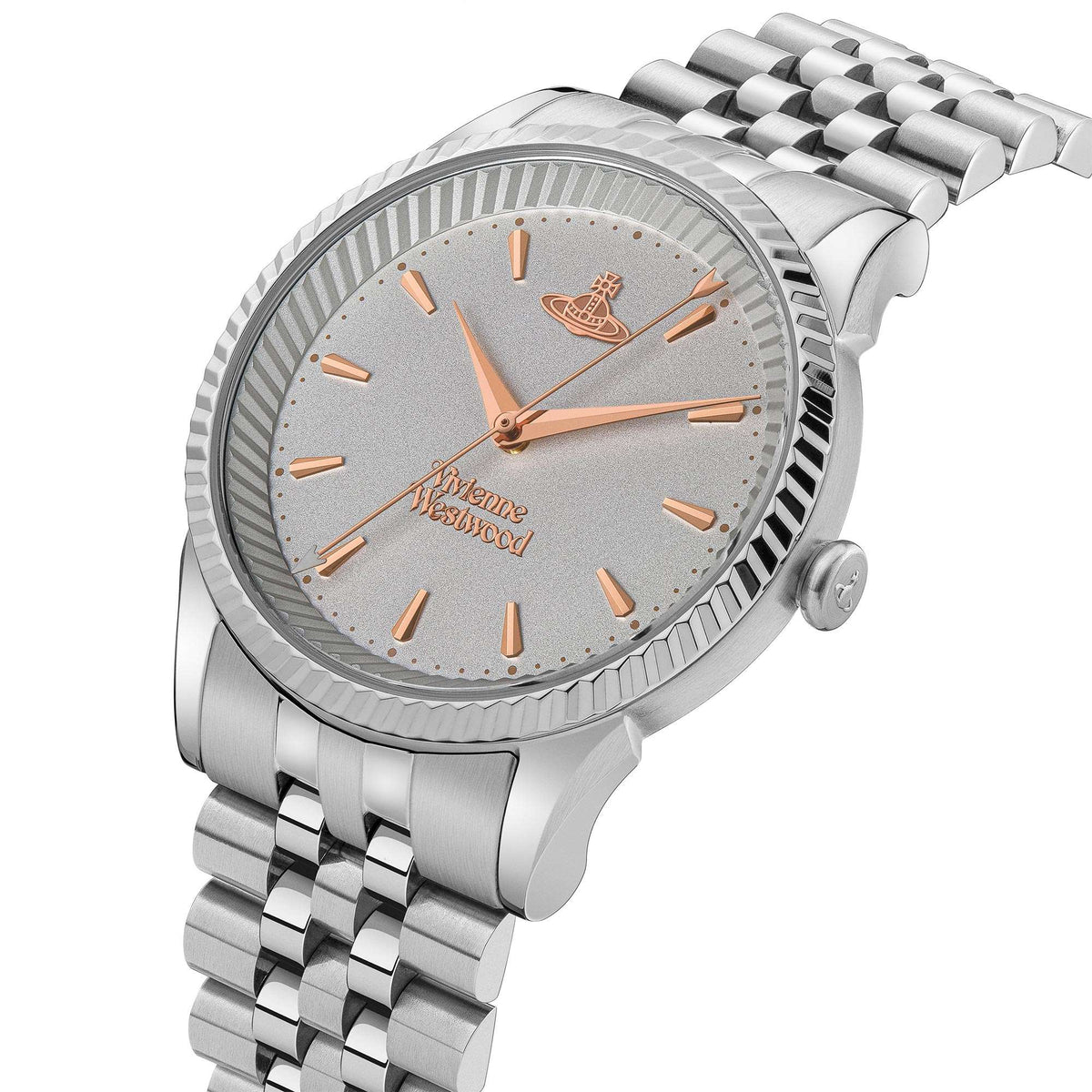 Silver stainless steel ladies watch with round silver dial, copper hands, angled view
