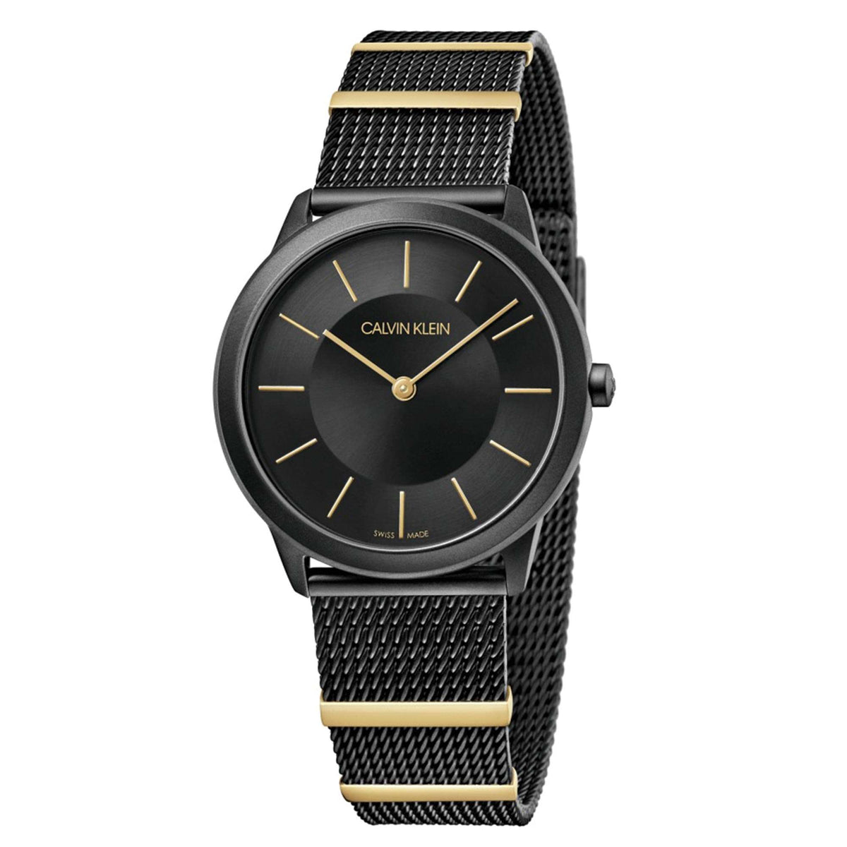 Black dial mesh stainless steel bracelet wristwatch with gold markers and logo