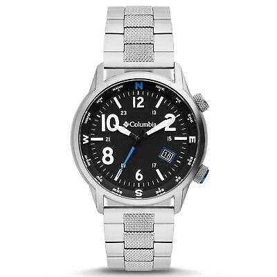 Men's stainless steel bracelet watch featuring black dial and bold blue second hand