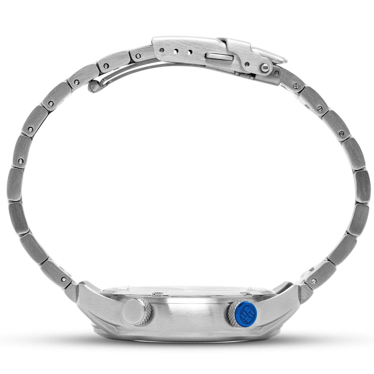Men's stainless steel watch bracelet clasp and case side view