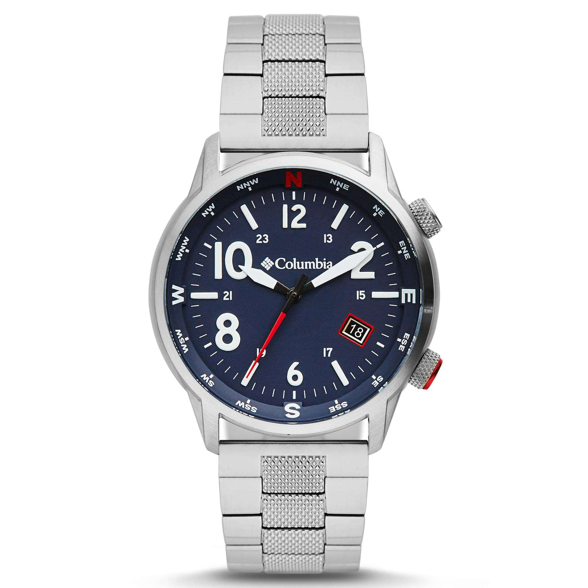 Men's stainless steel wristwatch with navy dial, silver bracelet, and red second hand