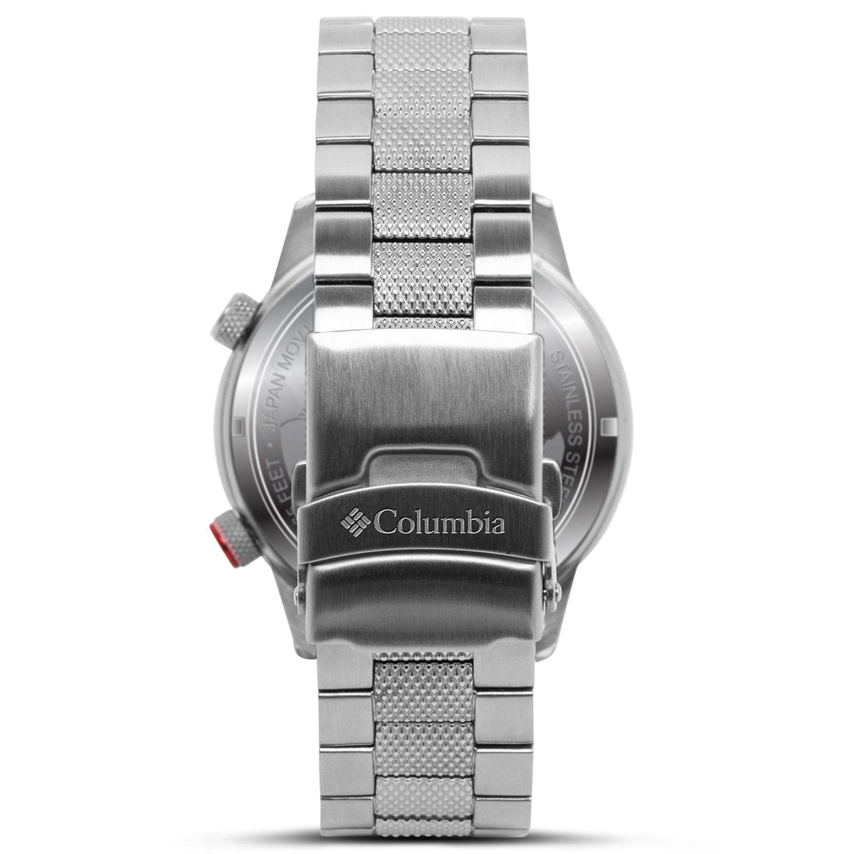 Men's stainless steel wristwatch back view with Columbia logo on case and textured strap