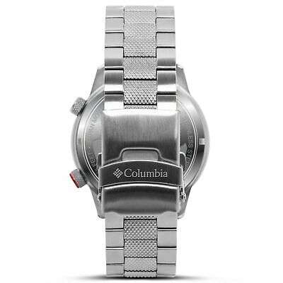 Men's stainless steel wristwatch case back with logo and textured metal bracelet links