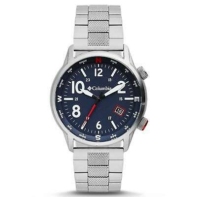 Men's stainless steel wristwatch with navy dial, silver markers, and red second hand