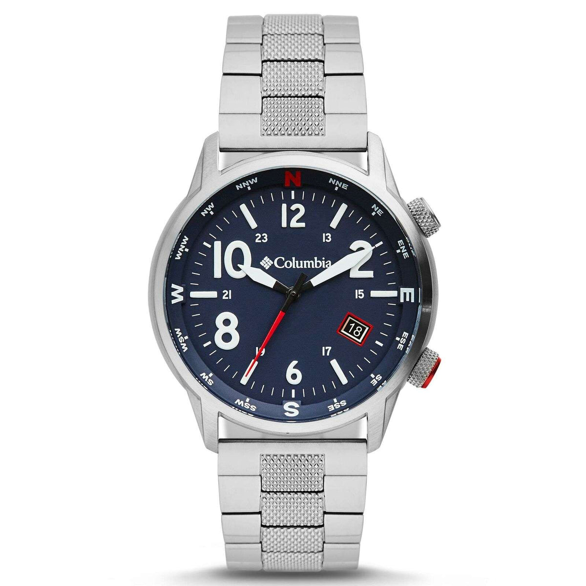 Men's stainless steel wristwatch with navy dial, silver bracelet, and red accent crown