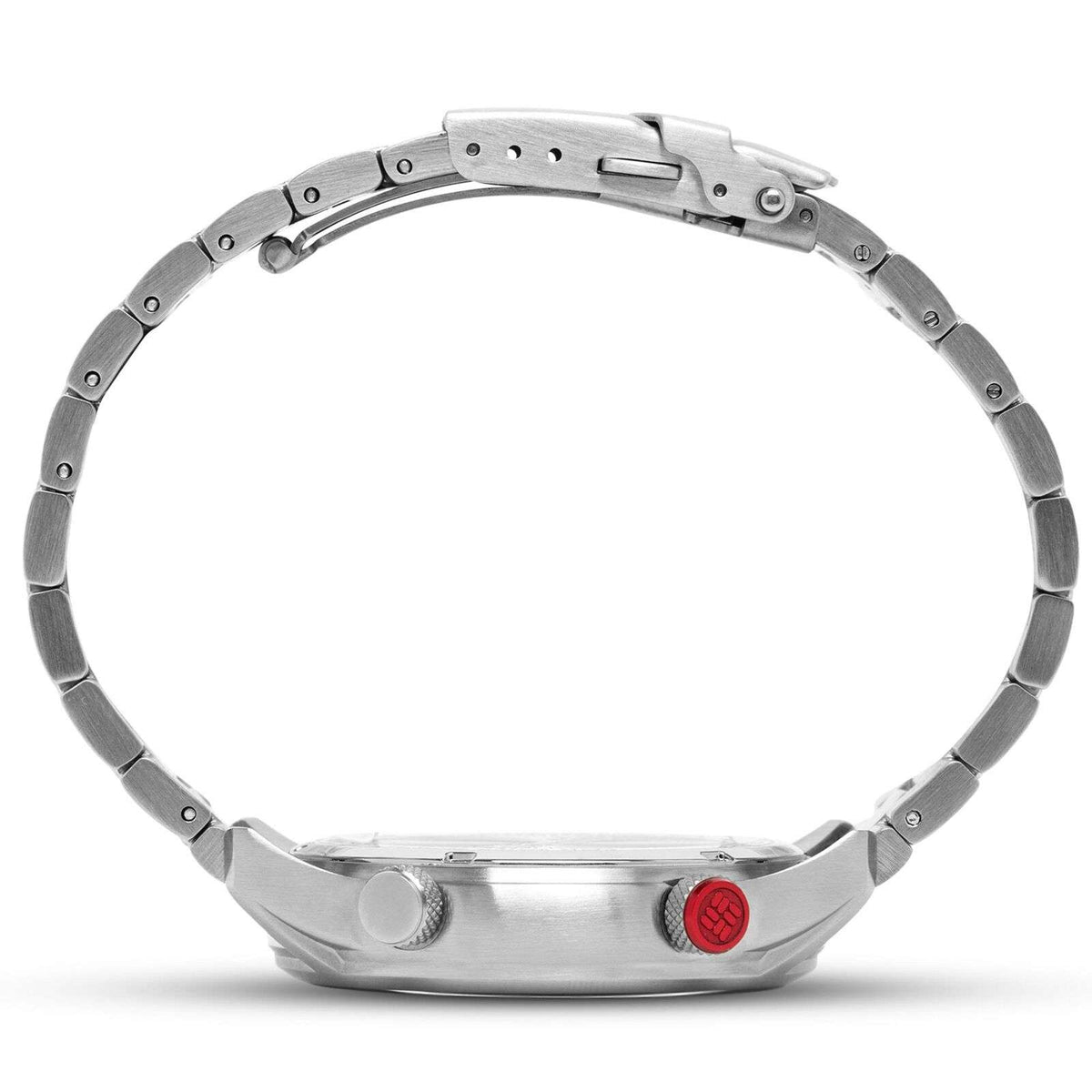 Stainless steel watch case and link bracelet with engraved back and small red marker.