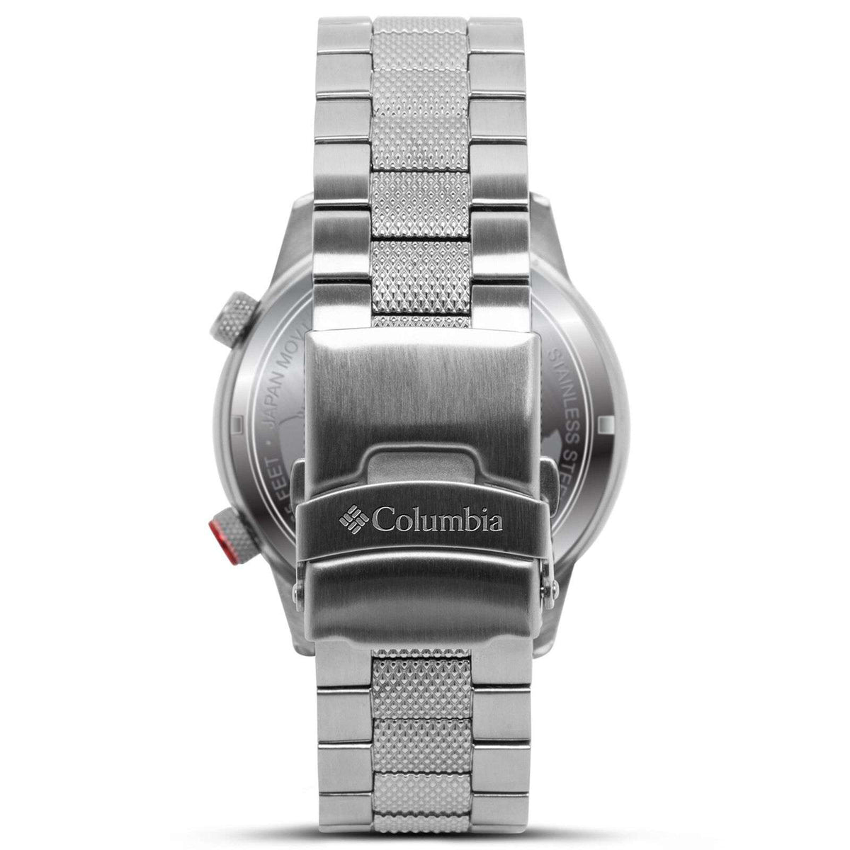 Stainless steel watch back with Columbia logo and textured center link bracelet.