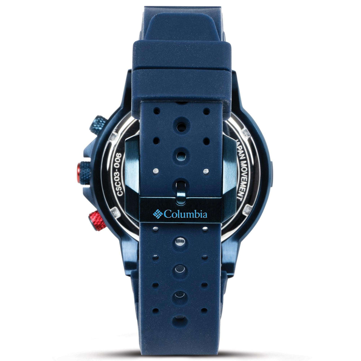 Blue silicone watch with exposed caseback and dial markers, back view