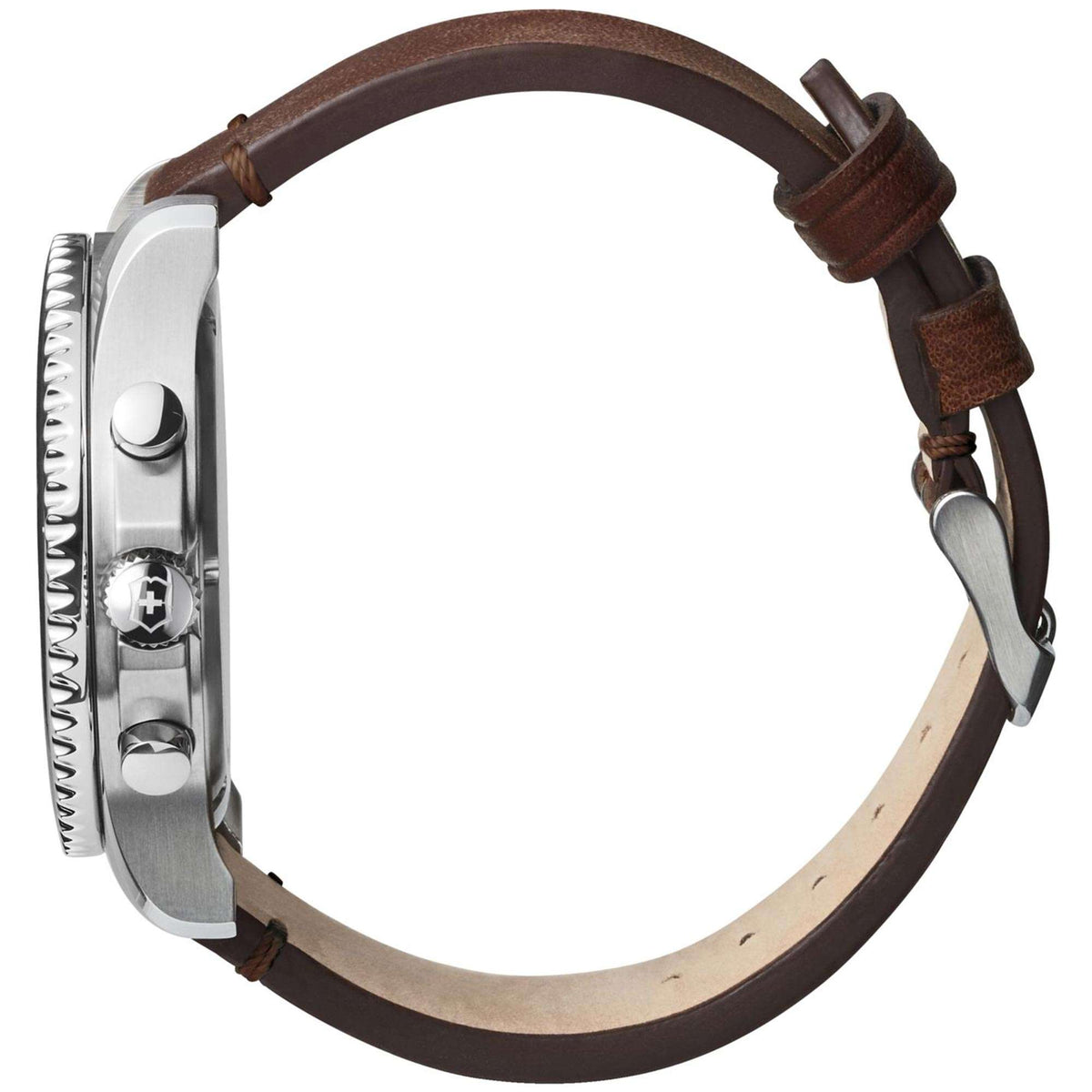 Men's wristwatch strap view with brown leather band and silver metal buckle