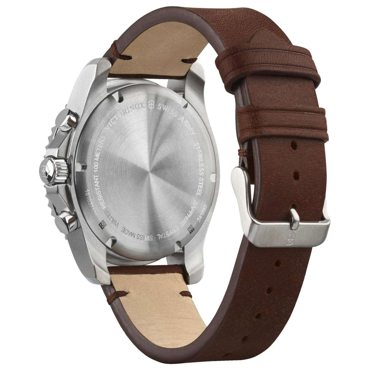 Men's quartz wristwatch back view with stainless steel case and brown leather strap