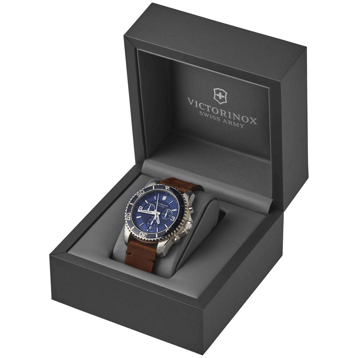 Men's quartz wristwatch in black gift box with blue dial and brown leather strap