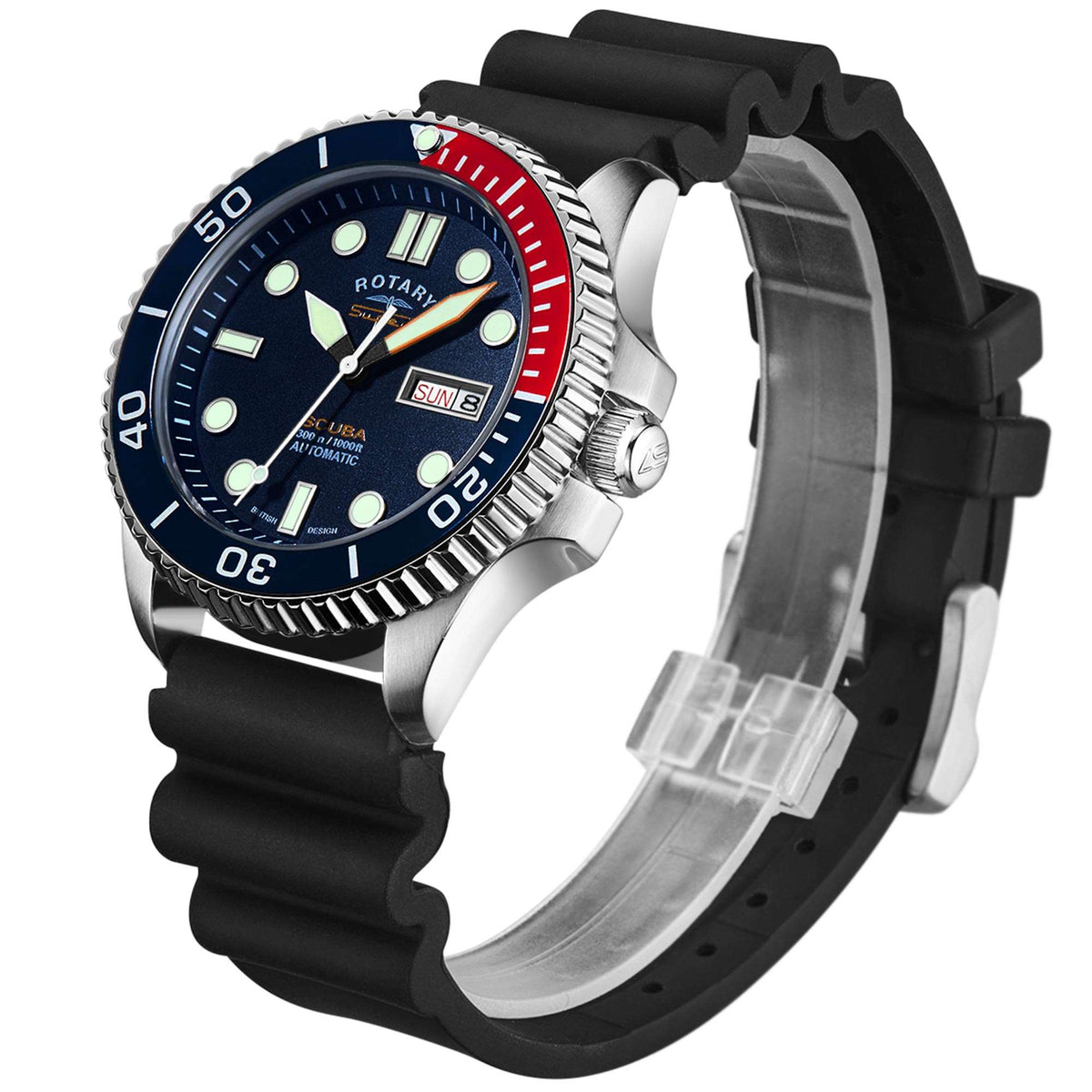 Men's dive watch on black silicone strap with navy dial and red/blue bezel