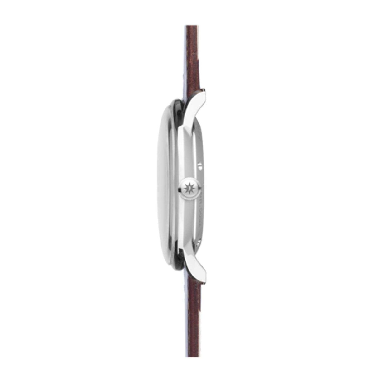 Automatic wristwatch side profile with silver case and brown leather strap
