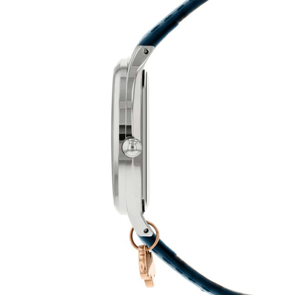 Silver-tone ladies watch case with crown, blue leather strap, side profile