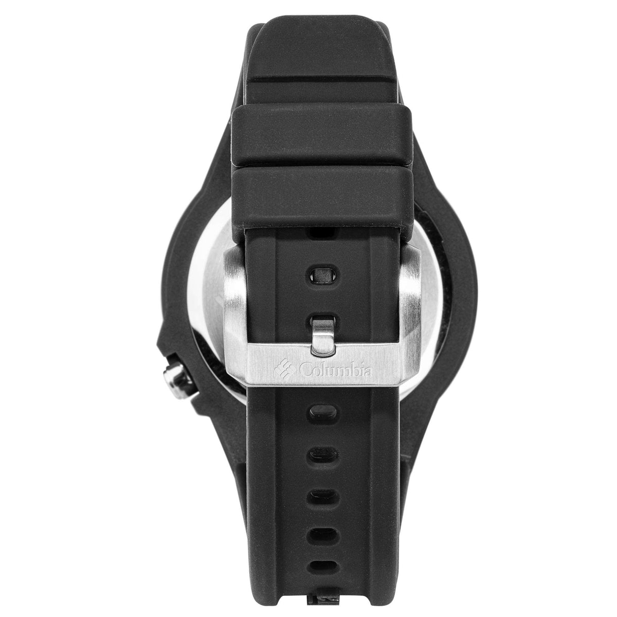 Black silicone strap quartz watch with buckle and silver clasp plate underside