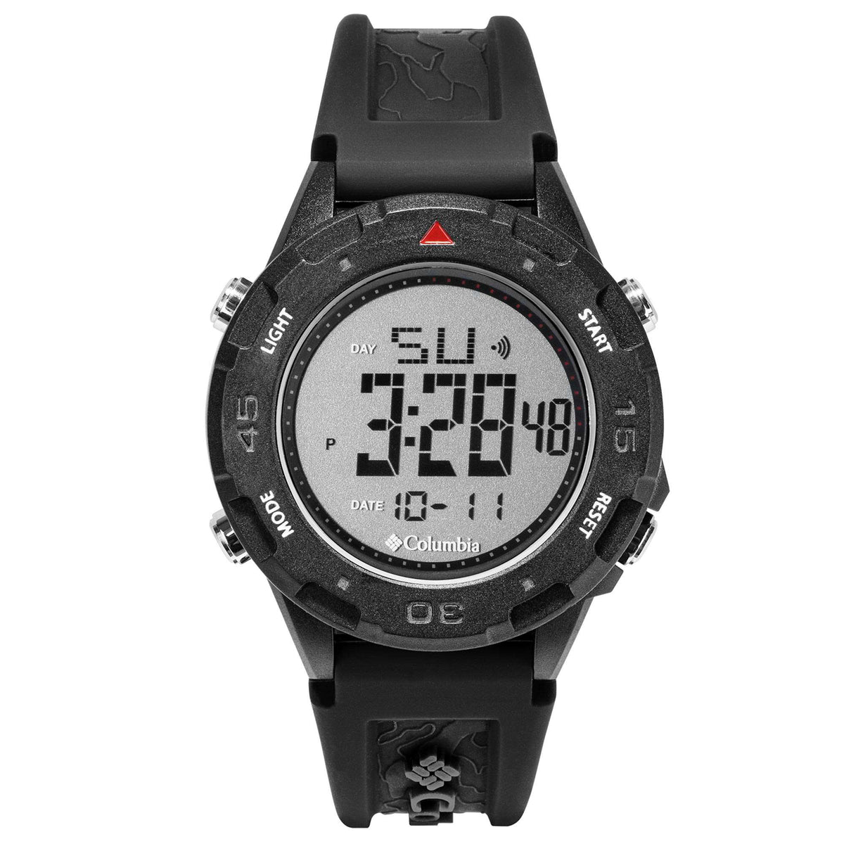 Black digital dial sports watch with black rubber strap and illuminated numbers