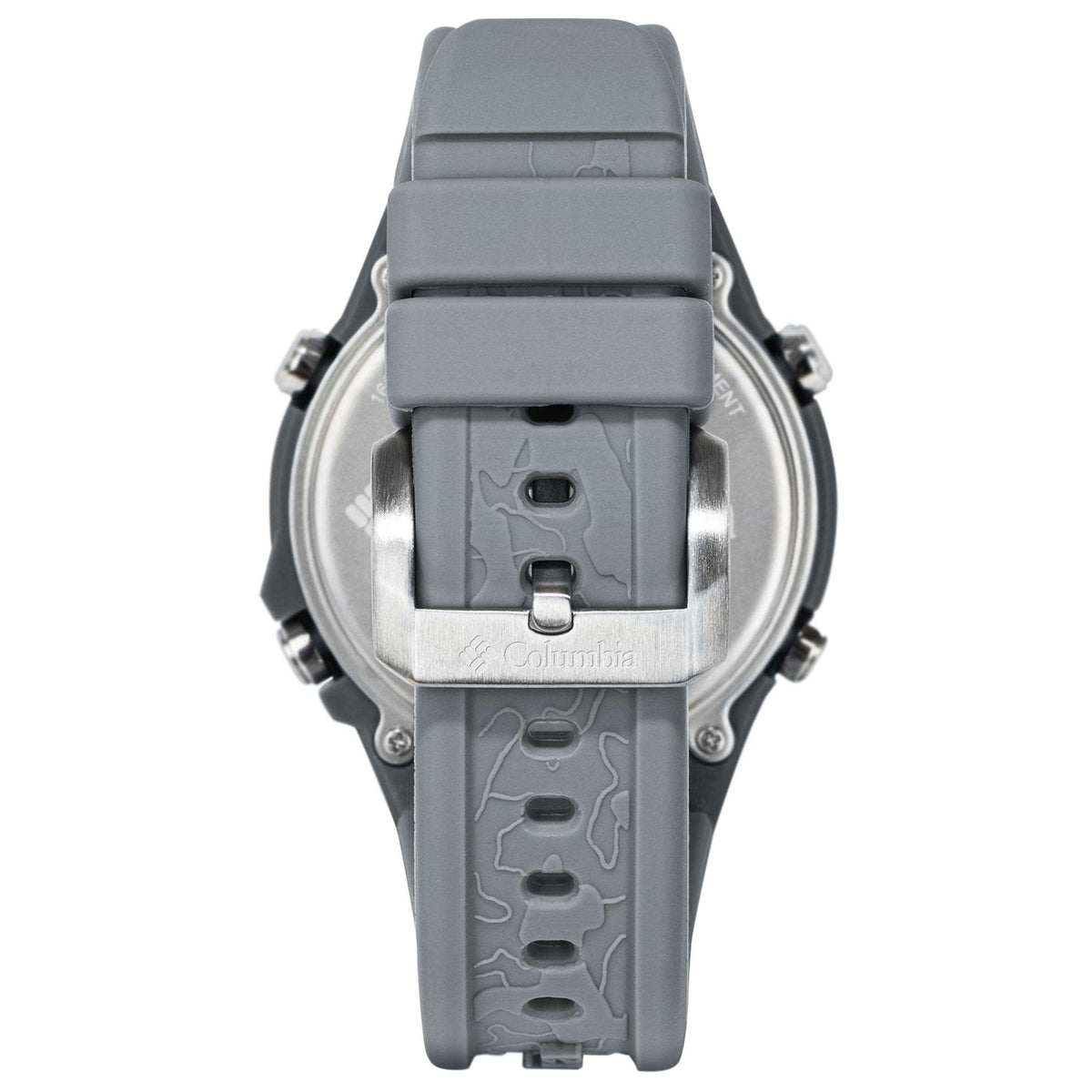 Grey digital watch back with textured case, rubber strap, and buckle