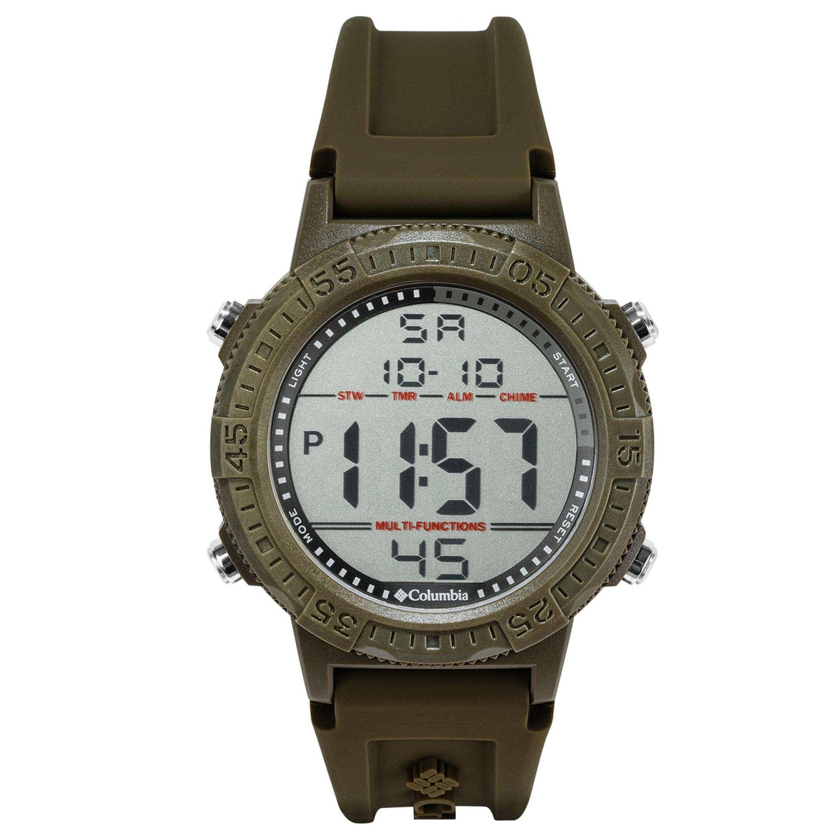 Men's olive digital quartz watch front view, LCD showing time and alarm indicators
