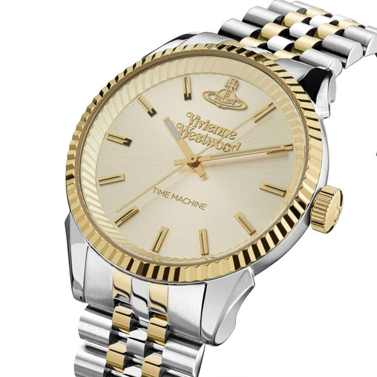 Two-tone men's quartz watch with champagne dial and gold-tone bezel, angled front view.