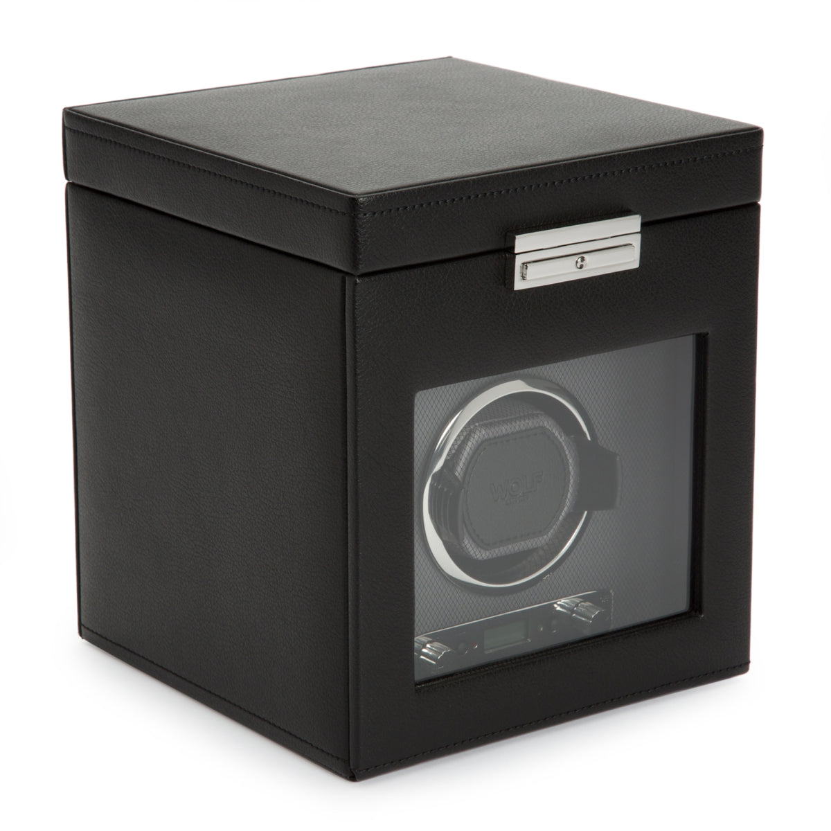 WOLF single watch winder storage box, front window with WOLF logo and latch