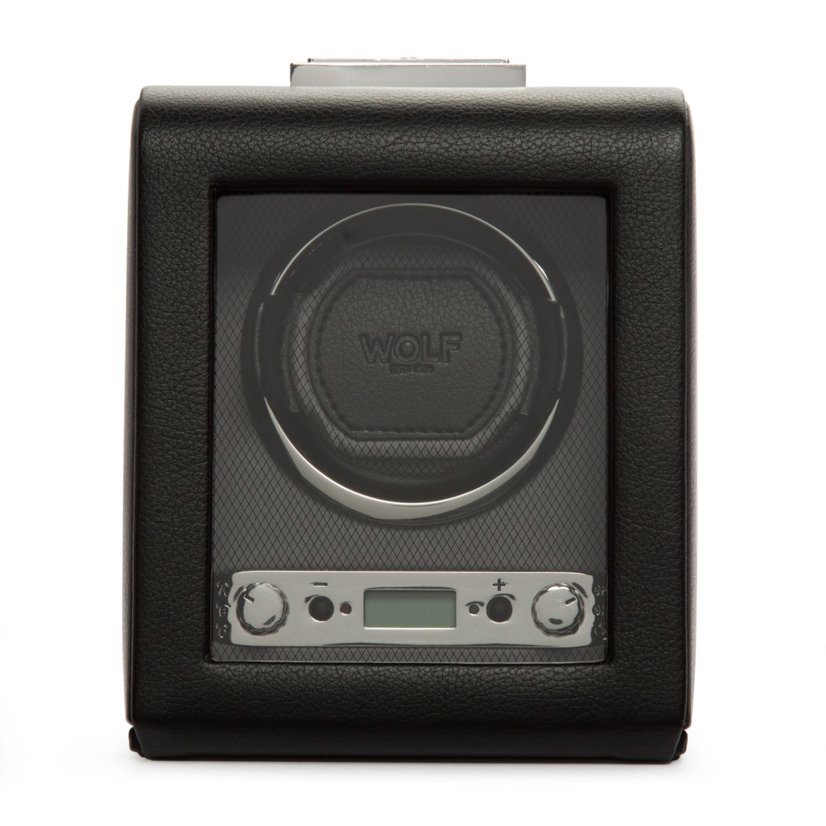 Black leather watch winder with WOLF control panel and circular viewing window.