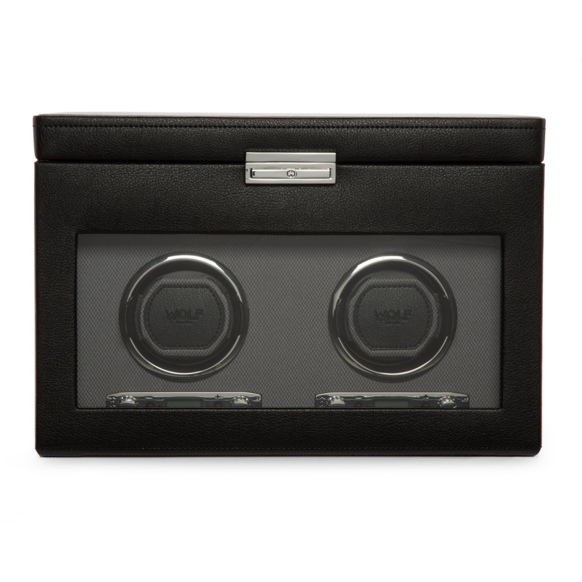 Double watch winder storage box with two circular watch cradles, black exterior