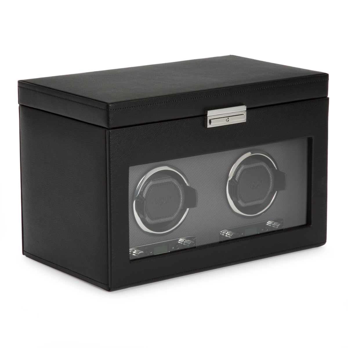Black double watch winder storage box with two watch cradles behind a window