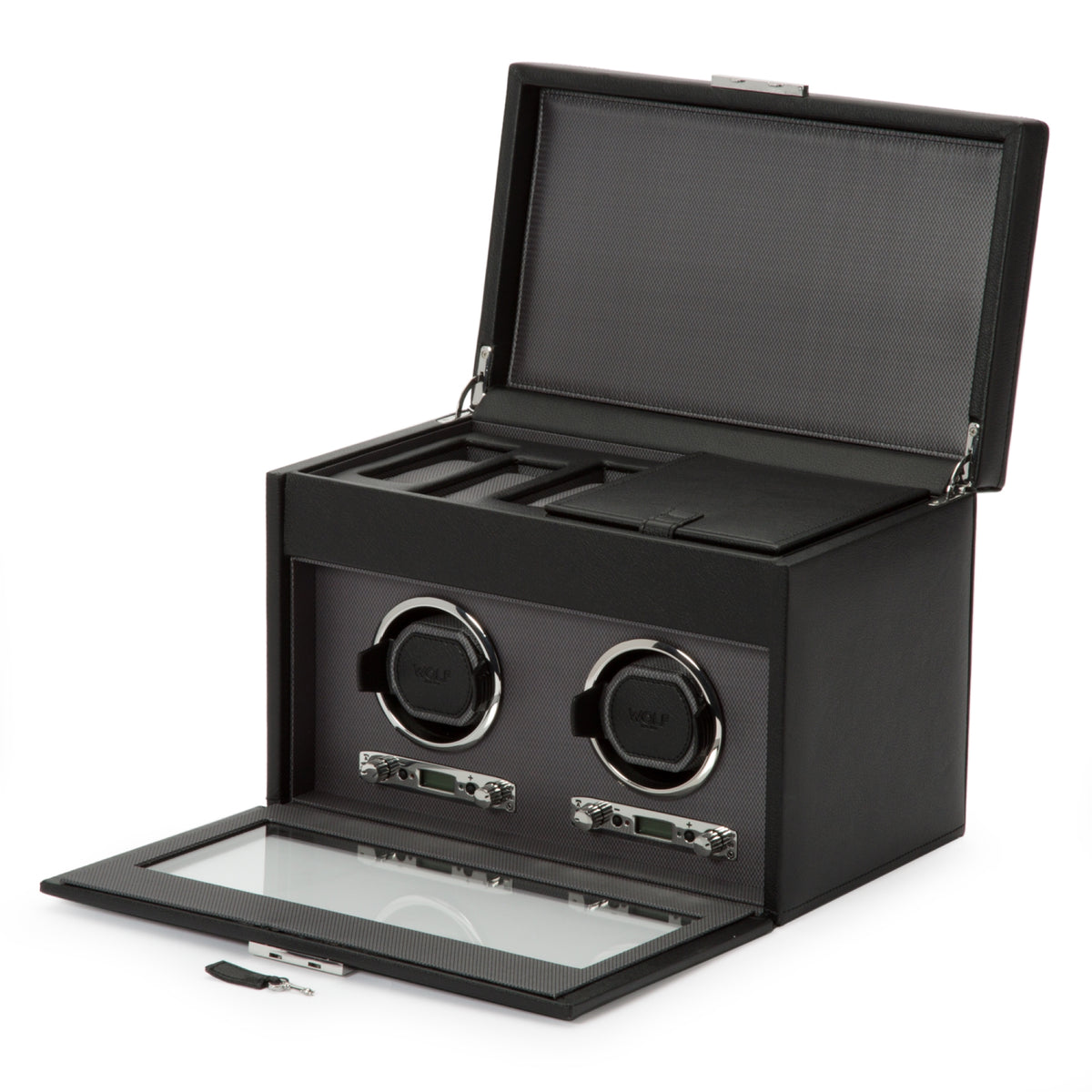 Double watch winder storage box opened, showing two watch cradles and base slots