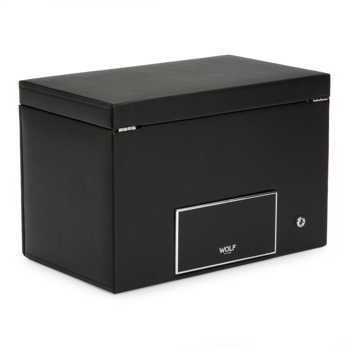 Black double watch winder with storage, front panel featuring a WOLF logo