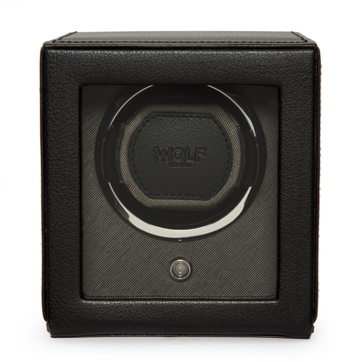 Black single watch winder with cover, front circular WOLF winder window and button