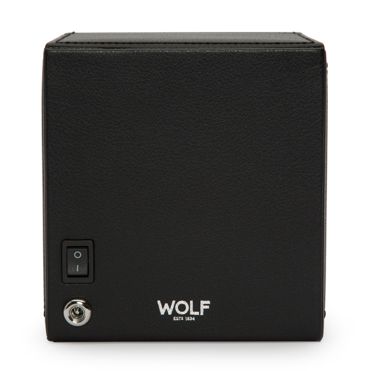 Black single watch winder back panel with power switch and WOLF logo