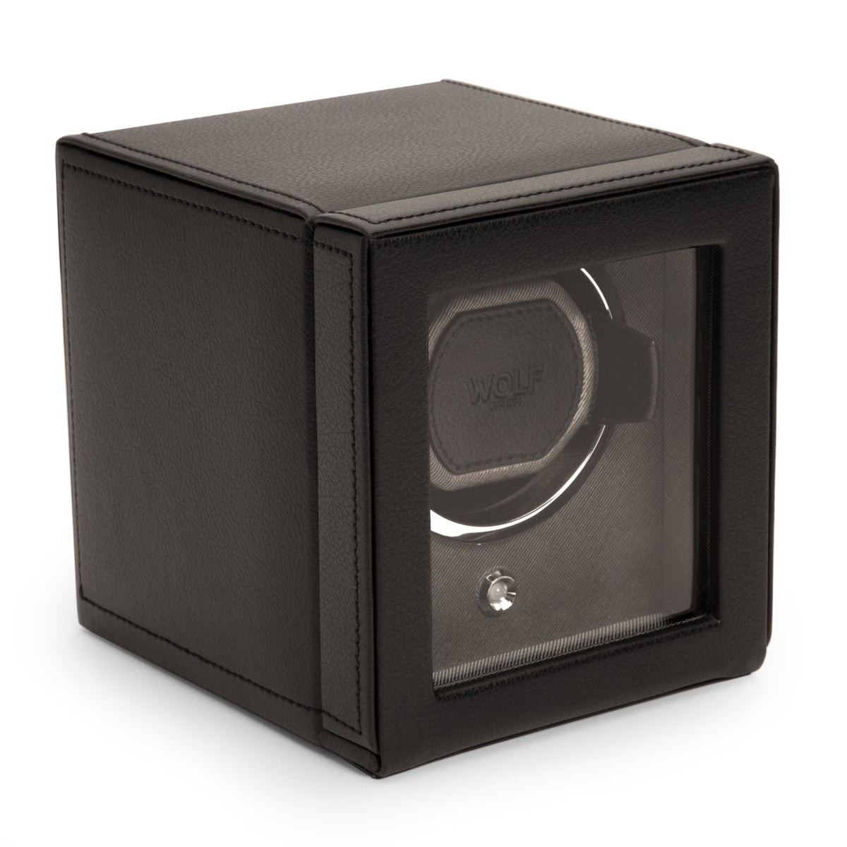 Black single watch winder with clear front window and circular WOLF winder cover