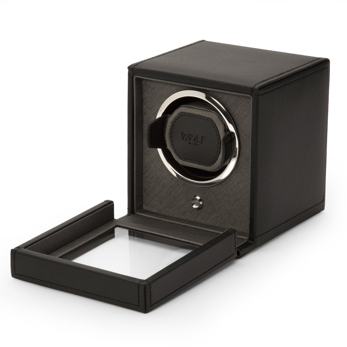 Black single watch winder with open base tray and circular WOLF winder