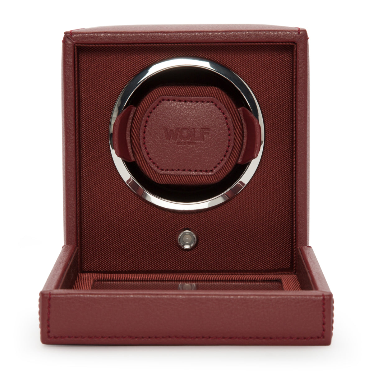 Bordeaux watch winder front with circular pod, chrome ring, and open bottom tray