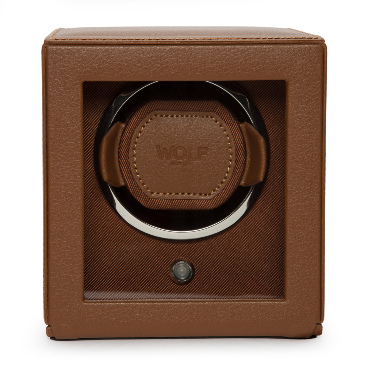 Cognac brown vegan leather single watch winder with circular watch cradle window