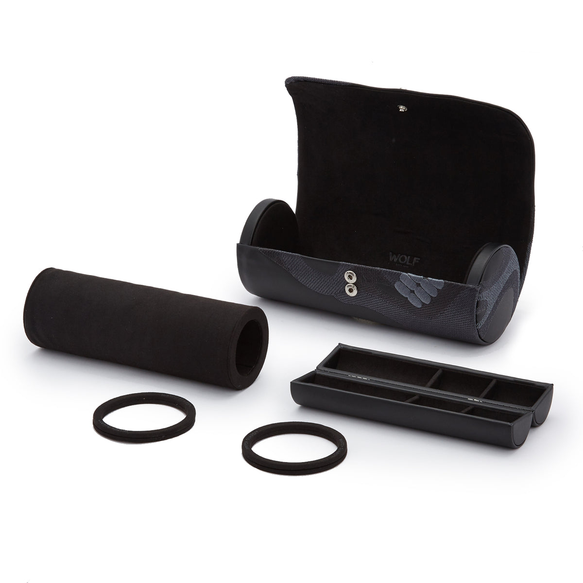 Triple watch roll with open tray, two elastic straps, and padded three-watch inserts