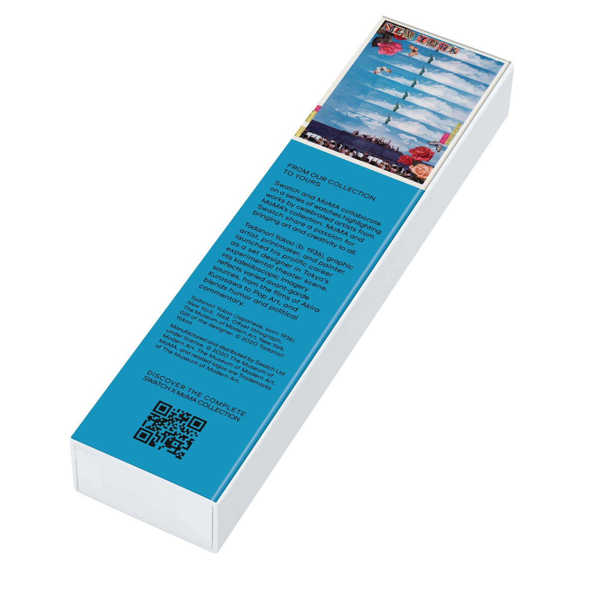 Blue watch box with product description text and QR code panel