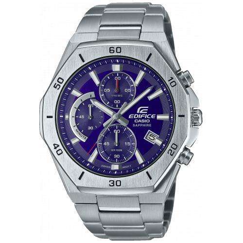 Stainless steel bracelet wristwatch with blue dial, chronograph subdials and date window.