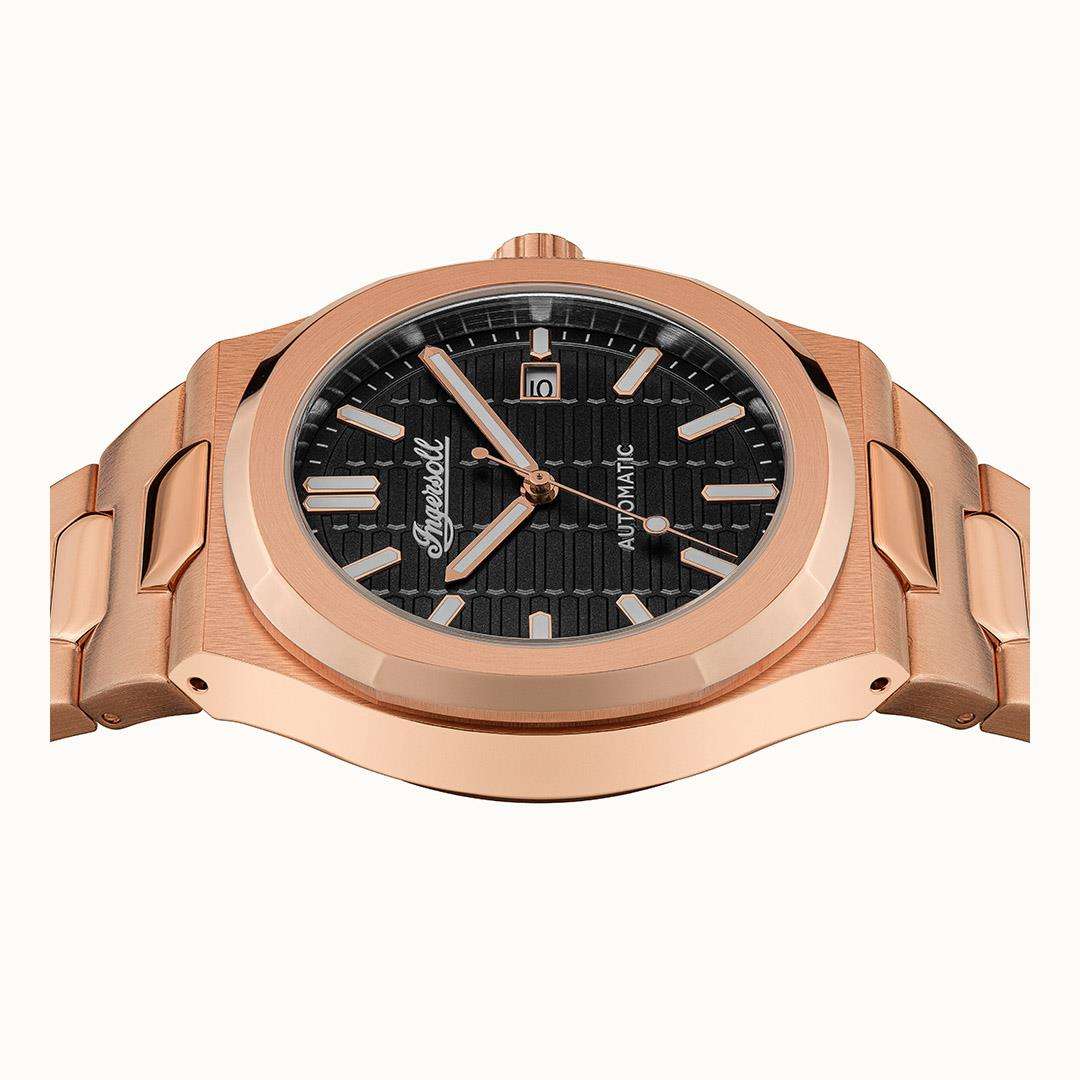 Ingersoll men's automatic watch side view with black dial, rose-gold case, and date at 10