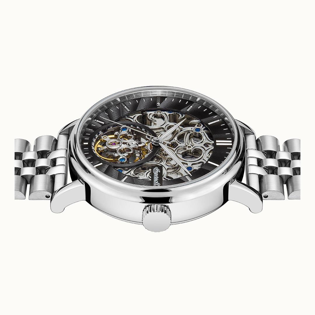 Stainless steel automatic watch with black skeleton dial and metal bracelet with round bezel