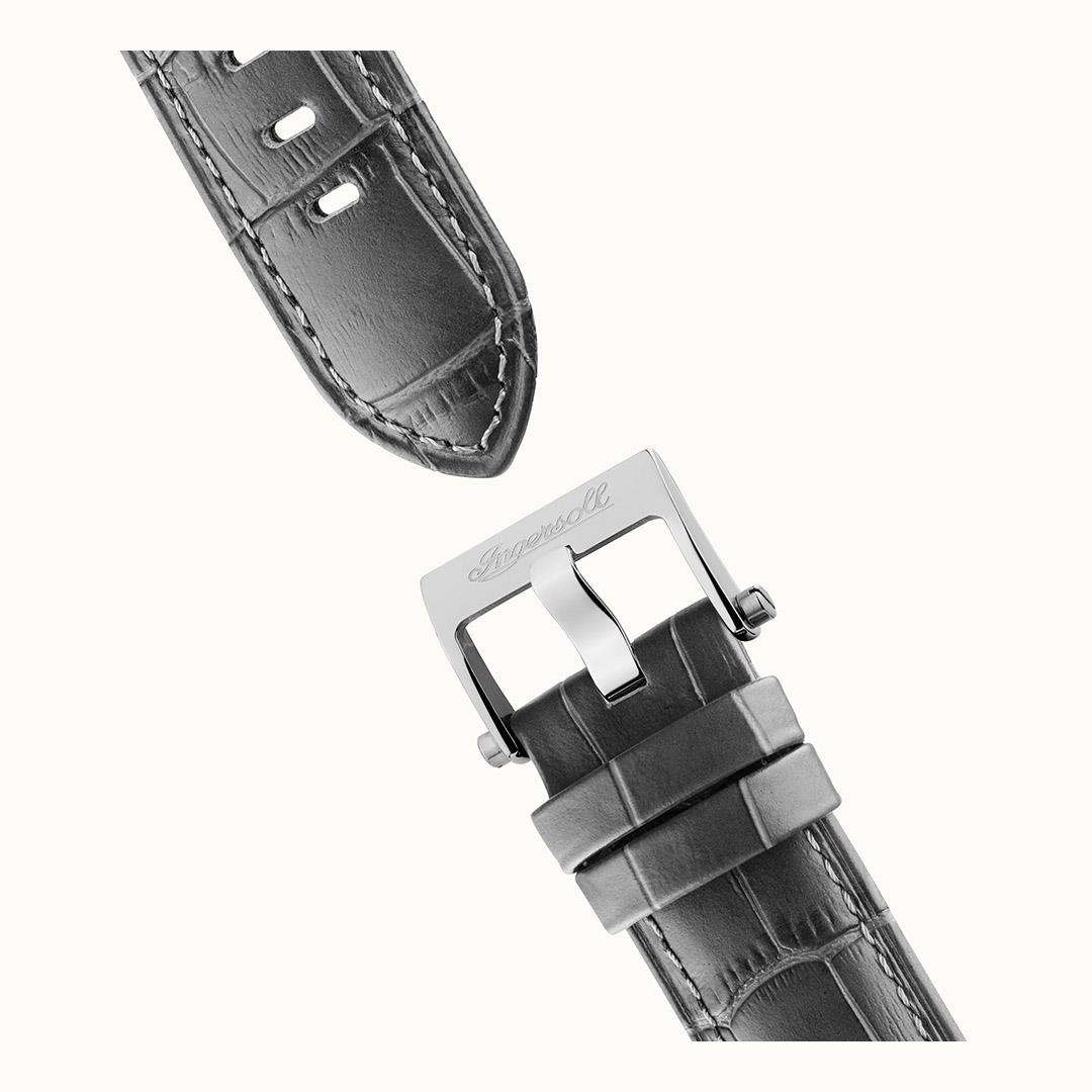 Grey leather watch strap with stitched edge and metal buckle clasp detail