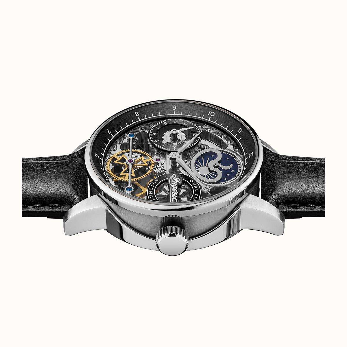 Men's automatic watch profile with black dial, exposed gears, and black leather strap