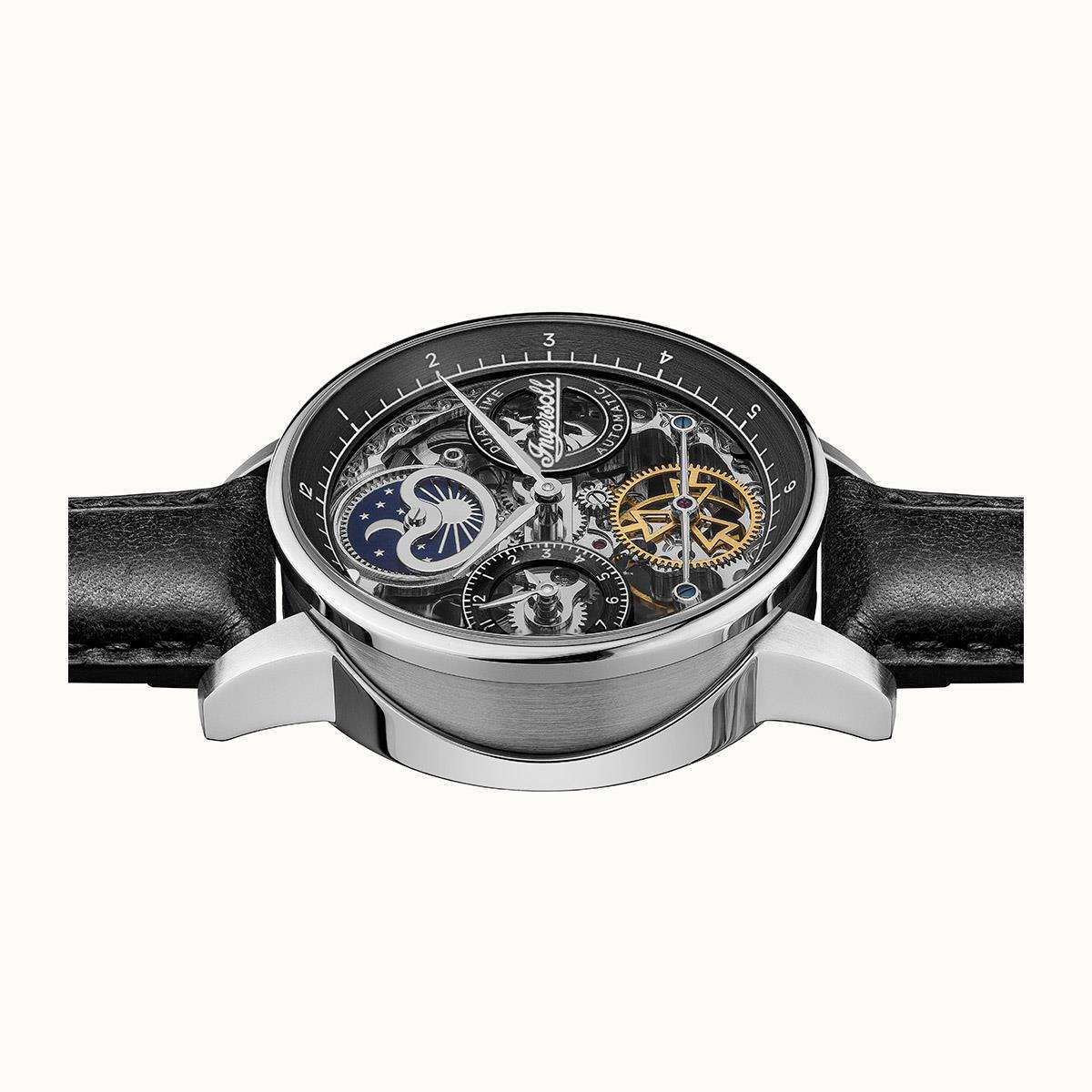 Men's automatic watch angled view with black dial, moon details, and black leather strap
