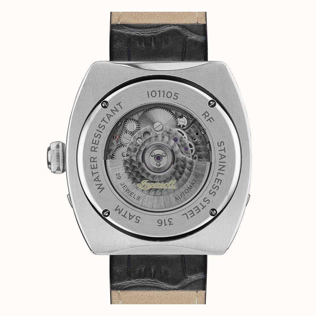 Men's automatic watch caseback with exposed movement, silver finish, black leather strap