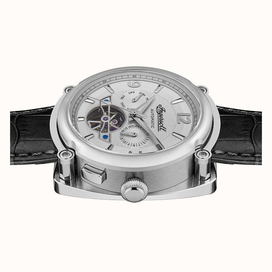Men's automatic watch with silver case, round bezel, and black leather strap