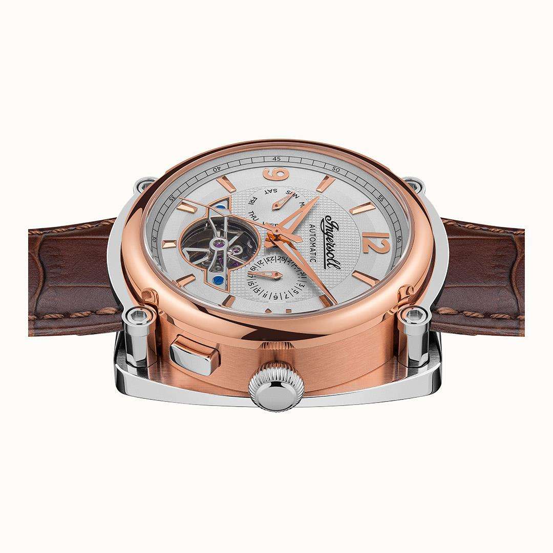 Men's automatic watch front angled view with rose-gold case and visible dial details